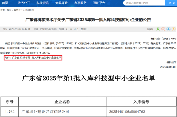 广东海外建设咨询有限公司成功入库广东省2025年首批科技型中小企业！
